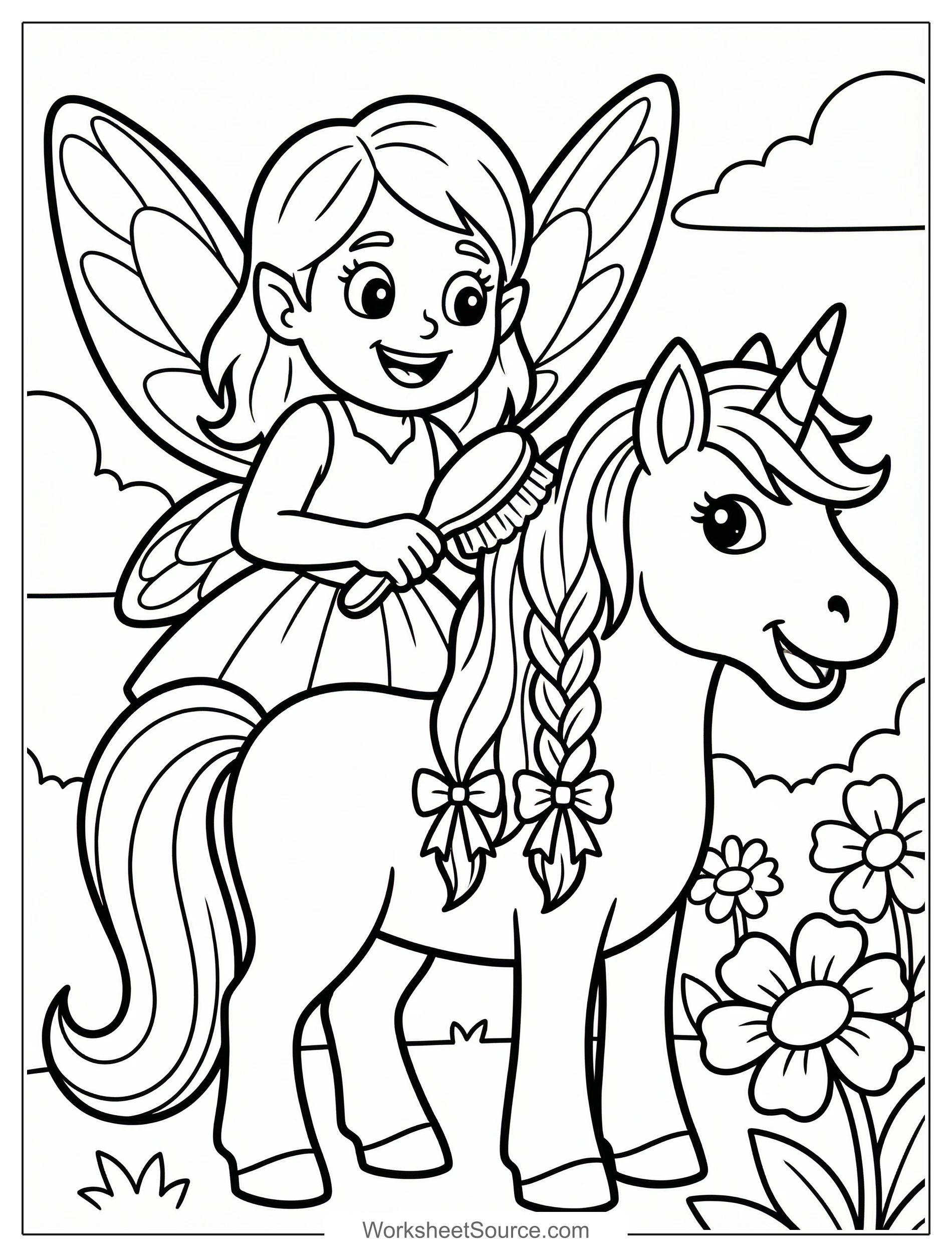 Free printable coloring page showing a fairy brushing a unicorn mane, perfect for kids to practice creativity and fine motor skills