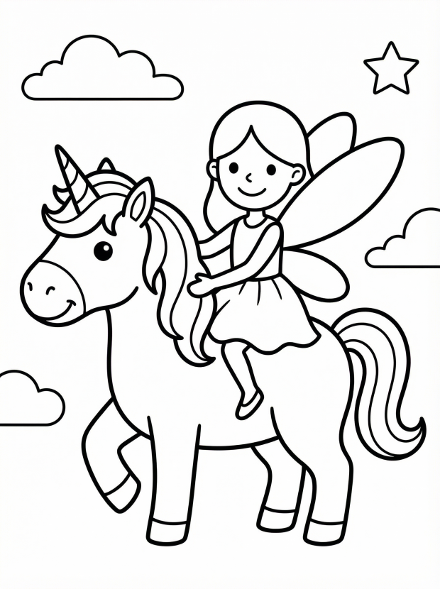 Free printable coloring page showing a fairy riding a unicorn, perfect for kids to practice fine motor skills and creativity