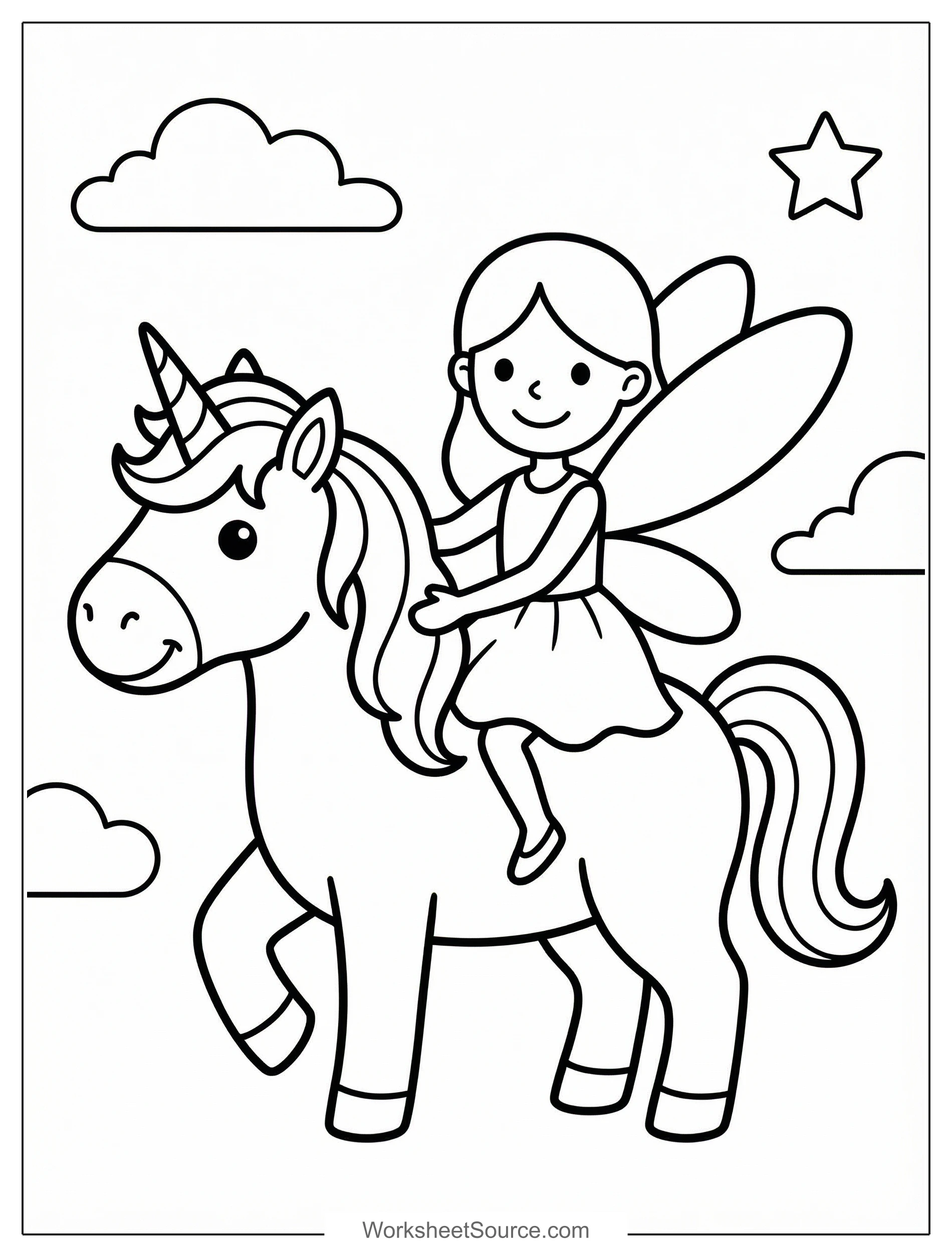 Free printable coloring page showing a fairy riding a unicorn, perfect for kids to practice fine motor skills and creativity