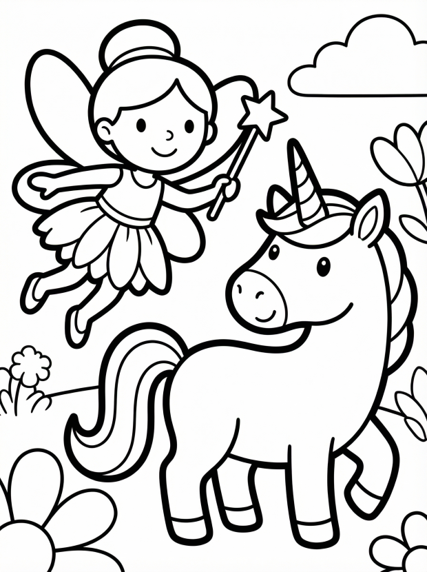 Free printable coloring page showing a fairy with a wand and a unicorn, perfect for kids to practice creativity and fine motor skills