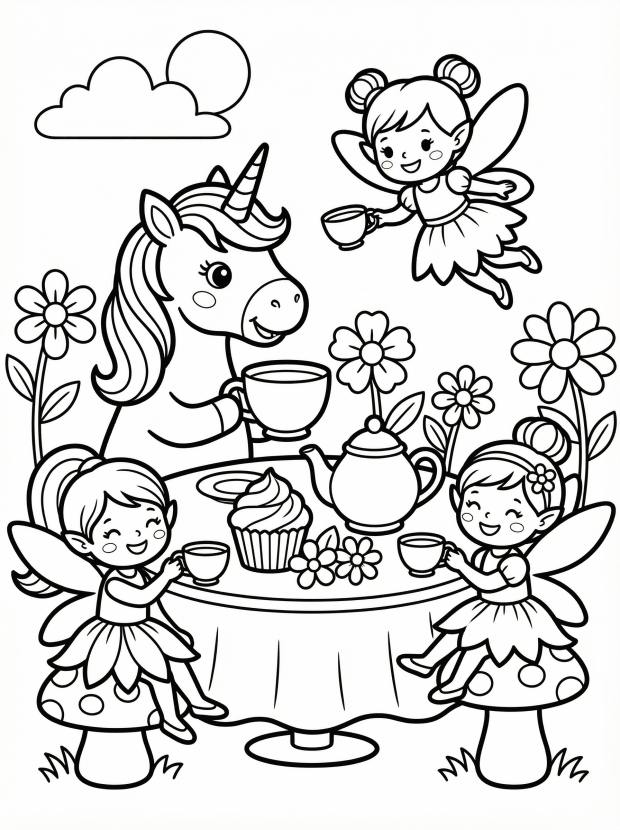 Free printable coloring page showing a unicorn and fairies at a tea party, perfect for kids to practice fine motor skills and creativity