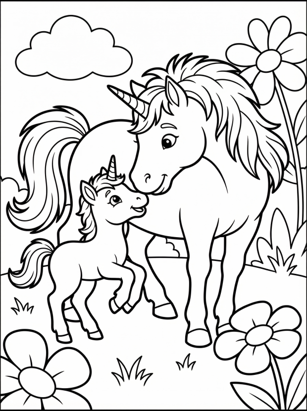 Free printable coloring page showing dad unicorn and young unicorn nuzzling, perfect for kids to practice coloring and creativity