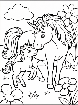Free printable coloring page showing dad unicorn and young unicorn nuzzling, perfect for kids to practice coloring and creativity