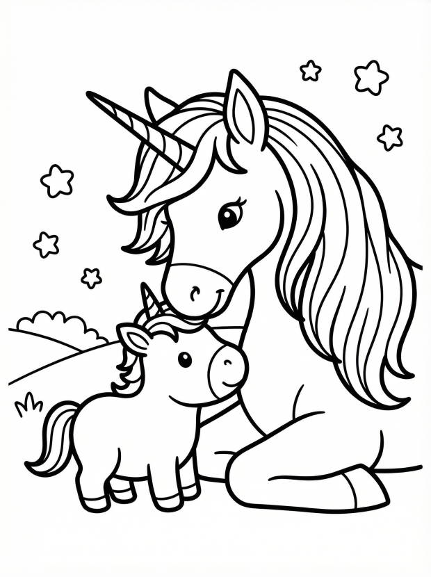 Free printable coloring page showing mom unicorn and baby unicorn together, perfect for kids to practice fine motor skills and creativity