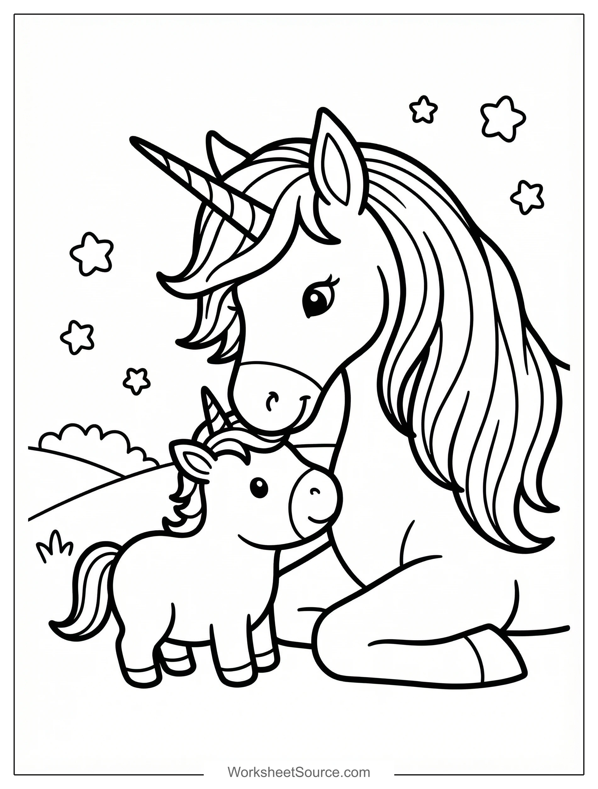Free printable coloring page showing mom unicorn and baby unicorn together, perfect for kids to practice fine motor skills and creativity