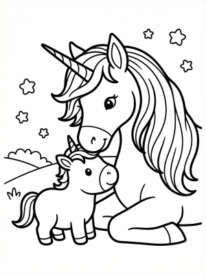 Free printable coloring page showing mom unicorn and baby unicorn together, perfect for kids to practice fine motor skills and creativity