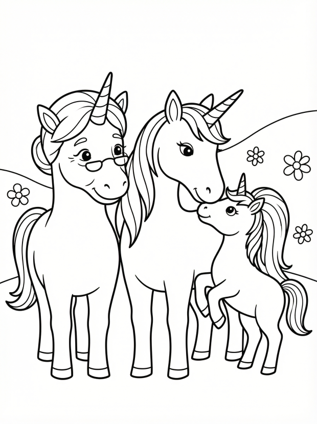 Free printable coloring page showing three generation unicorn family, perfect for kids to practice creativity and fine motor skills