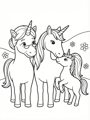 Free printable coloring page showing three generation unicorn family, perfect for kids to practice creativity and fine motor skills