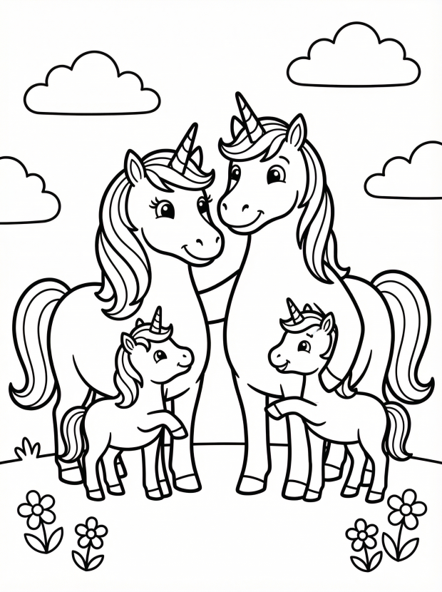 Free printable coloring page showing twin unicorn foals with their parents, perfect for kids to practice fine motor skills and creativity