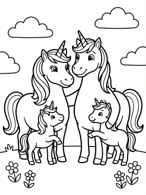 Free printable coloring page showing twin unicorn foals with their parents, perfect for kids to practice fine motor skills and creativity