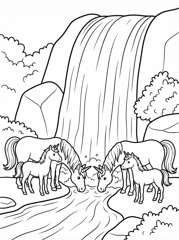 Free printable coloring page showing a unicorn family drinking at a waterfall, perfect for kids to practice coloring and creativity