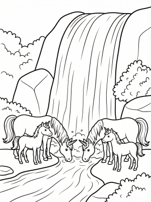 Free printable coloring page showing a unicorn family drinking at a waterfall, perfect for kids to practice coloring and creativity
