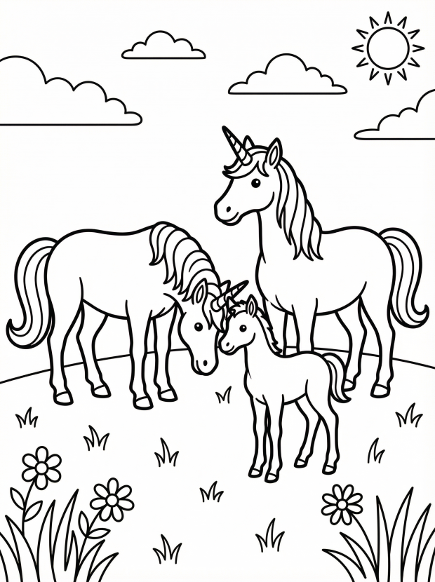 Free printable coloring page showing a unicorn family grazing in a meadow, perfect for kids to practice creativity and fine motor skills
