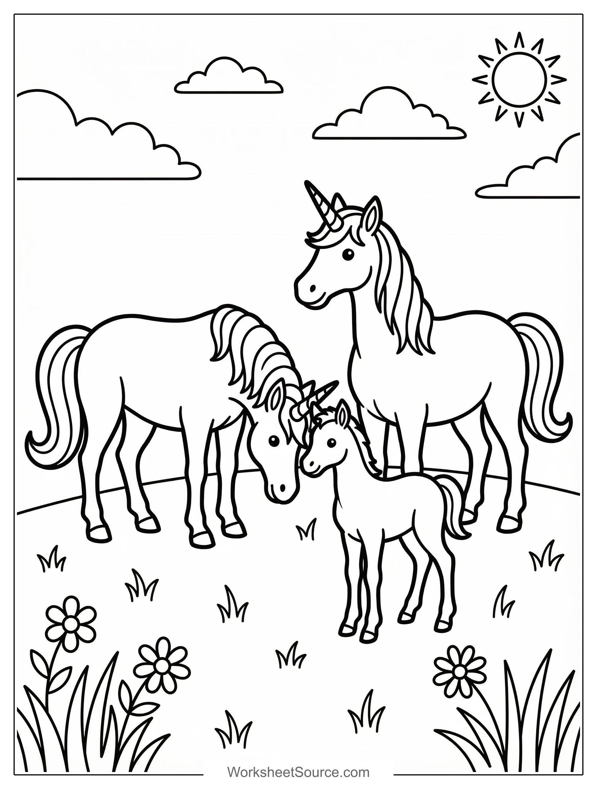 Free printable coloring page showing a unicorn family grazing in a meadow, perfect for kids to practice creativity and fine motor skills