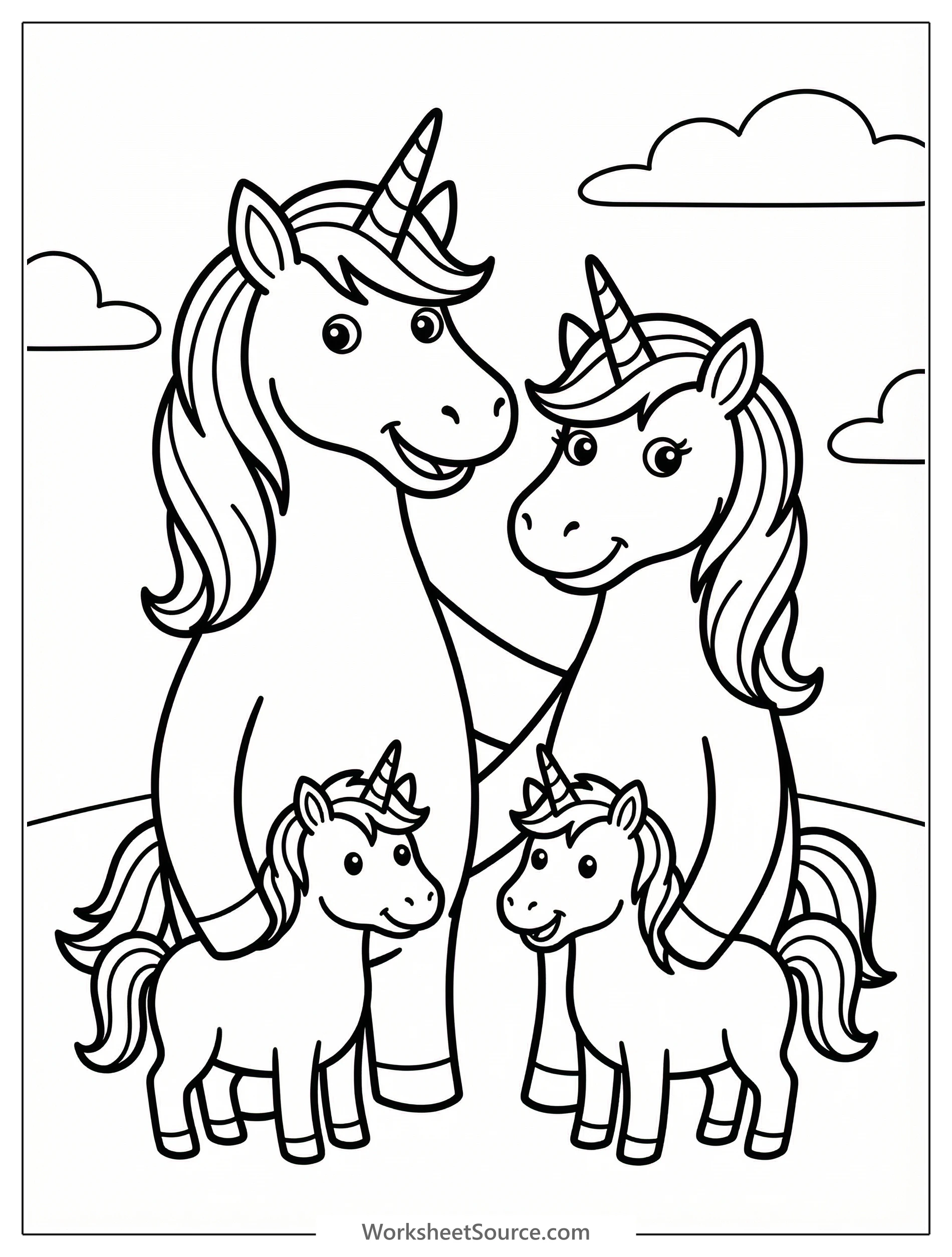 A majestic unicorn family portrait featuring two adult unicorns standing protectively beside a smaller baby unicorn, all gracefully posed.