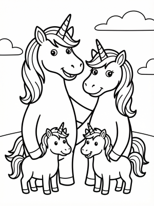 Free printable coloring page showing a unicorn family portrait, perfect for kids to practice creativity and fine motor skills