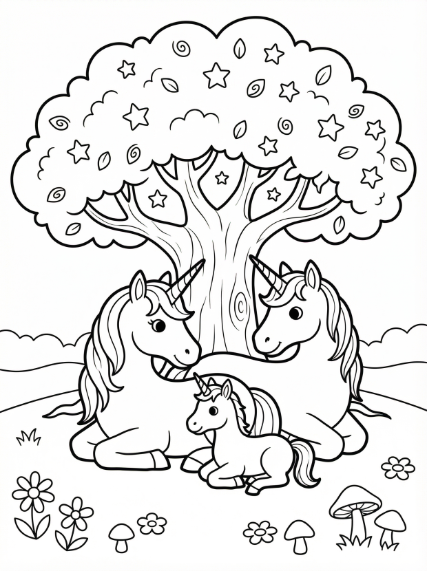 Free printable coloring page showing a unicorn family under a tree, perfect for kids to practice coloring and storytelling