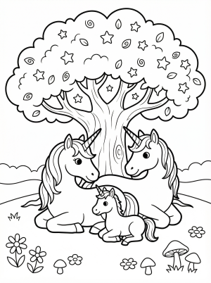 Free printable coloring page showing a unicorn family under a tree, perfect for kids to practice coloring and storytelling