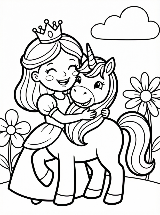 Free printable coloring page showing a smiling princess hugging a unicorn, perfect for kids to practice coloring and spark imagination