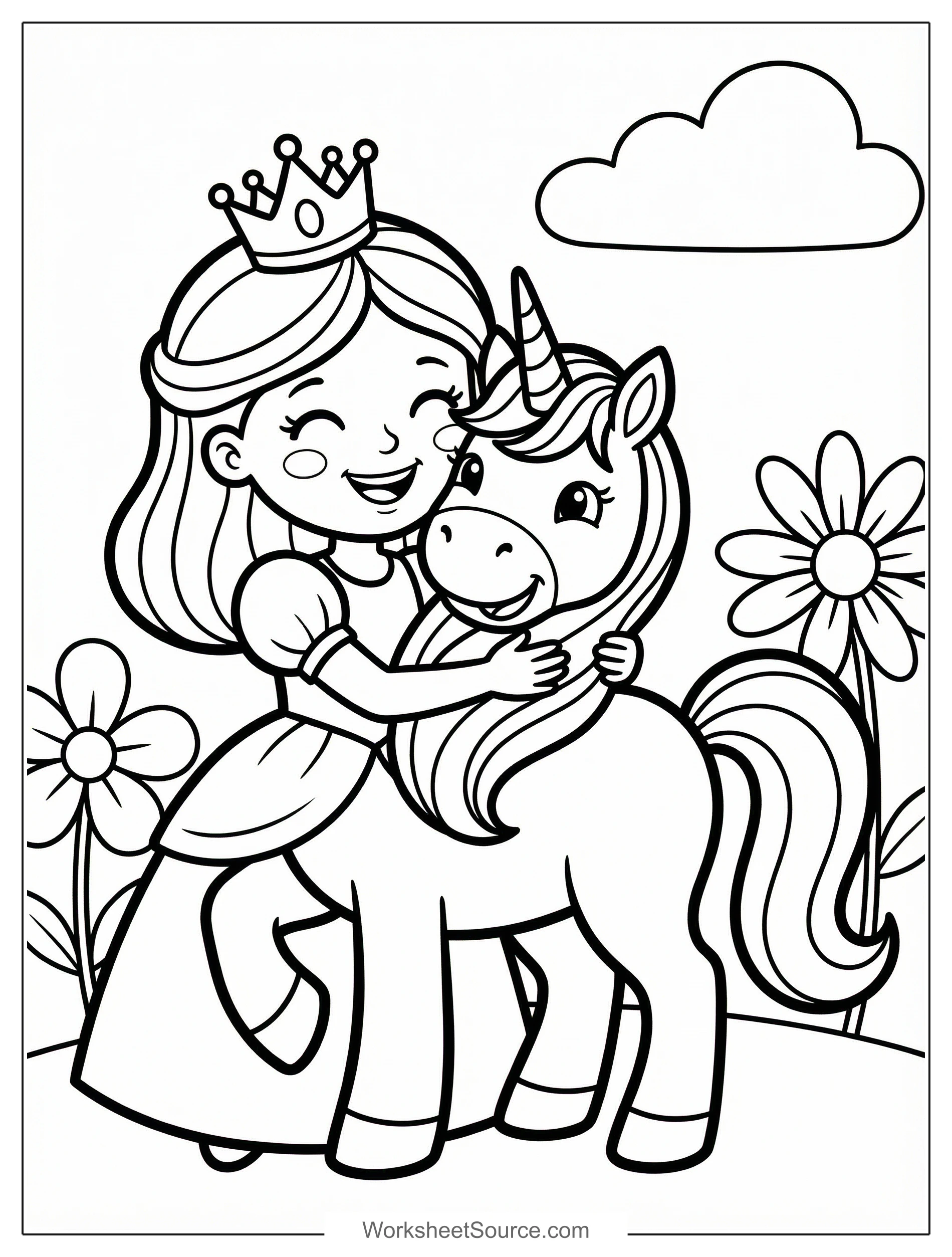 Free printable coloring page showing a smiling princess hugging a unicorn, perfect for kids to practice coloring and spark imagination