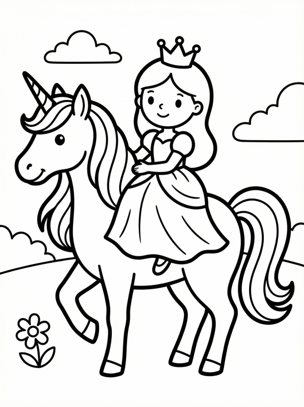 Free printable coloring page showing a princess riding a unicorn, perfect for kids to practice fine motor skills and creativity