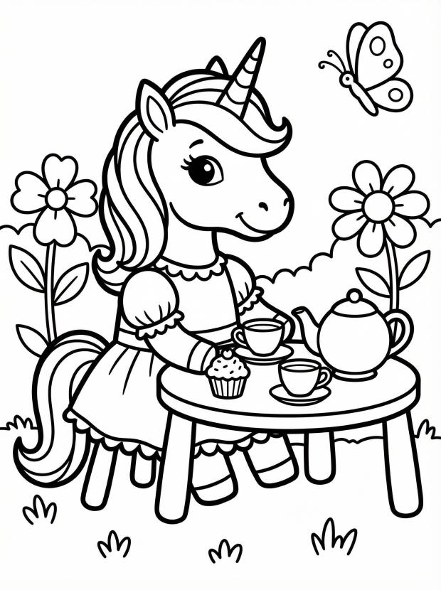Free printable coloring page showing a unicorn having a tea party with a teapot, cups, and flowers, perfect for kids to practice creativity and fine motor skills