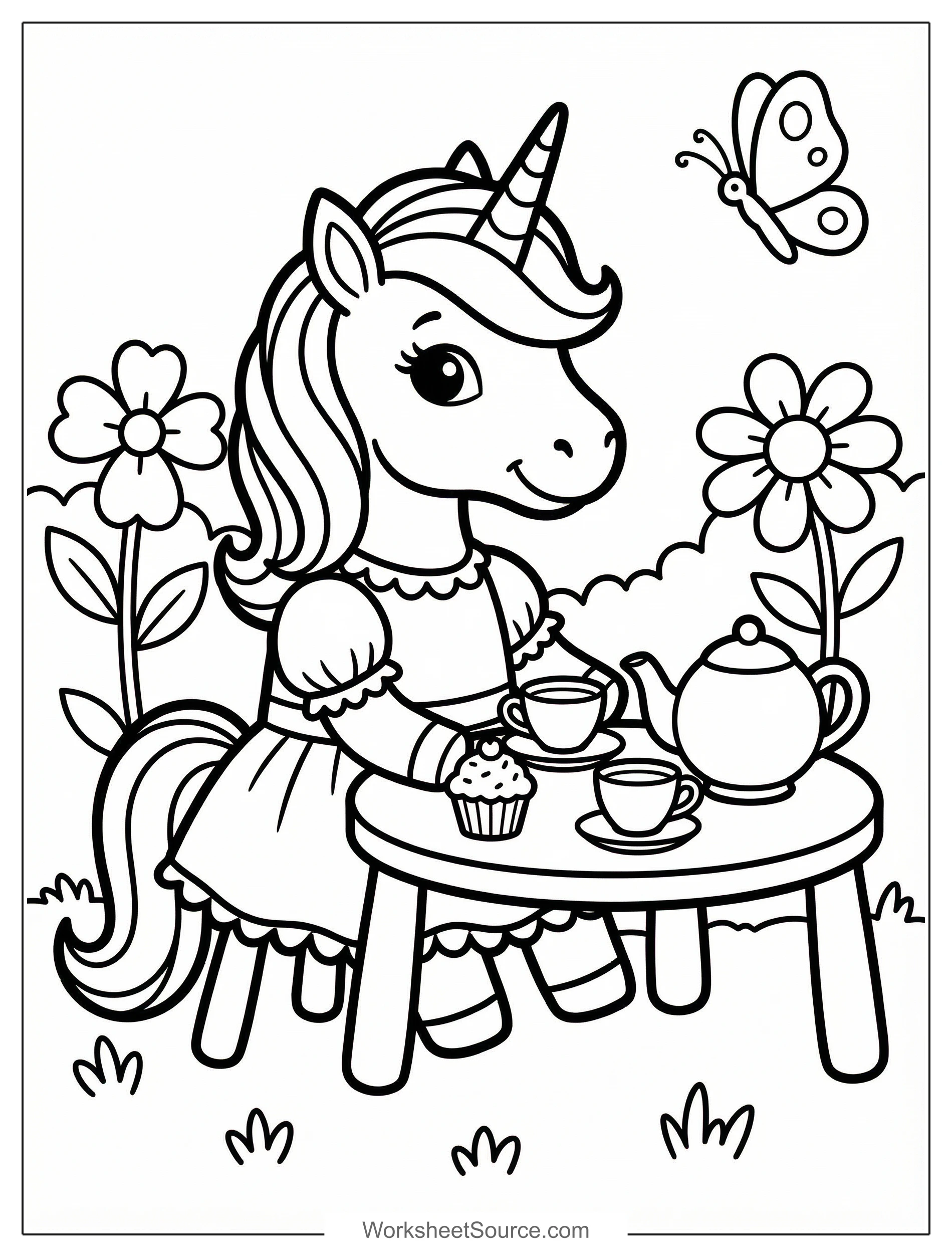 Free printable coloring page showing a unicorn having a tea party with a teapot, cups, and flowers, perfect for kids to practice creativity and fine motor skills