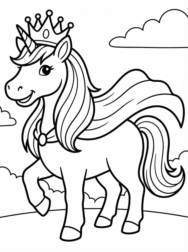 Free printable coloring page showing a royal unicorn with a crown and flowing cape, perfect for kids to practice creativity and fine motor skills