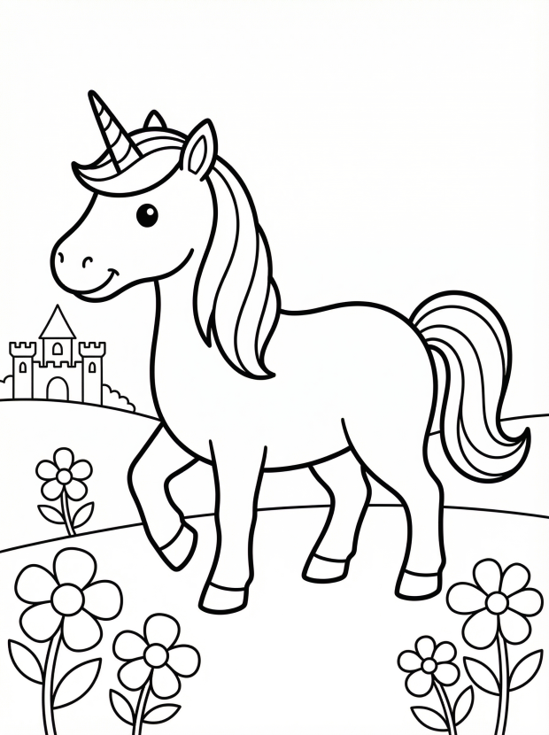 Free printable coloring page showing a unicorn in a royal garden with flowers and a castle, perfect for kids to practice creativity and color recognition