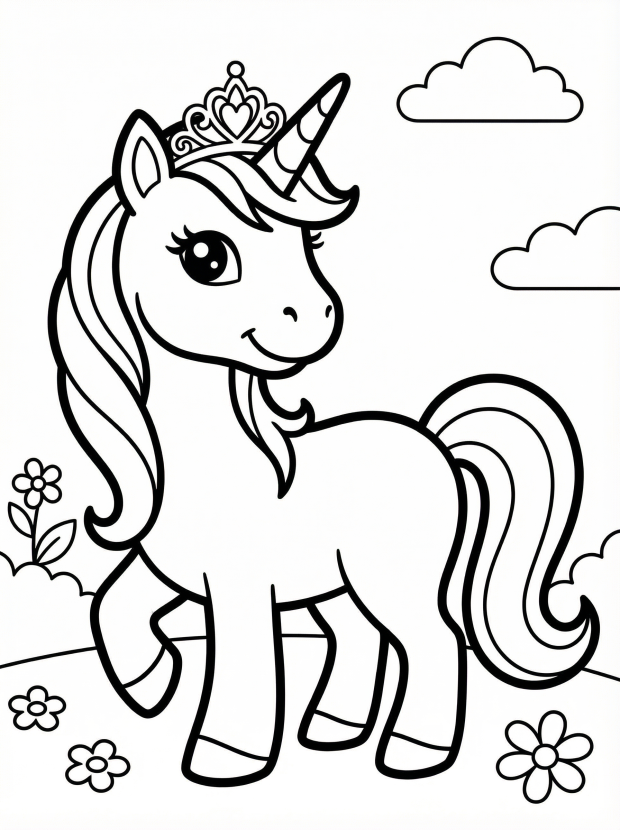 Free printable coloring page showing a unicorn princess with a tiara, perfect for kids to practice creativity and coloring skills