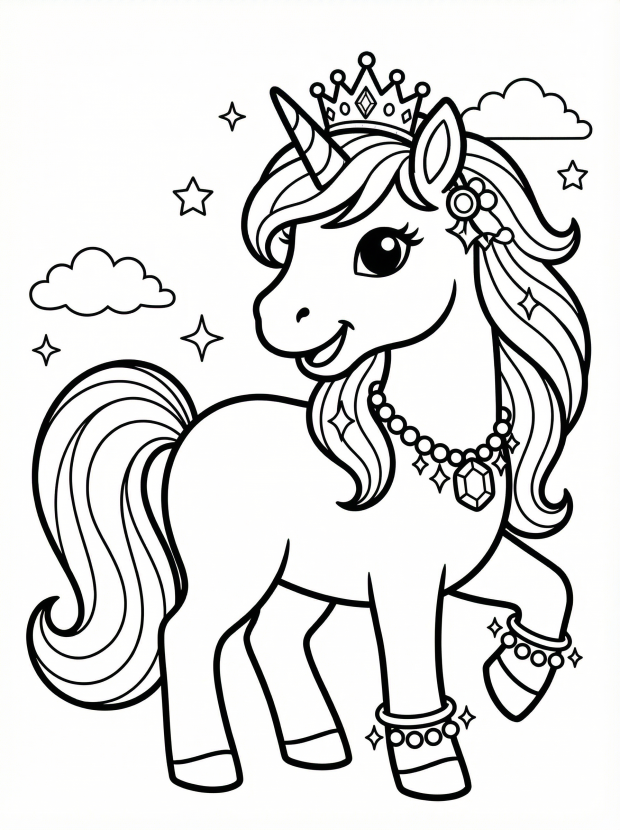 Free printable coloring page showing a unicorn wearing jewelry and a crown, perfect for kids to practice creativity and fine motor skills
