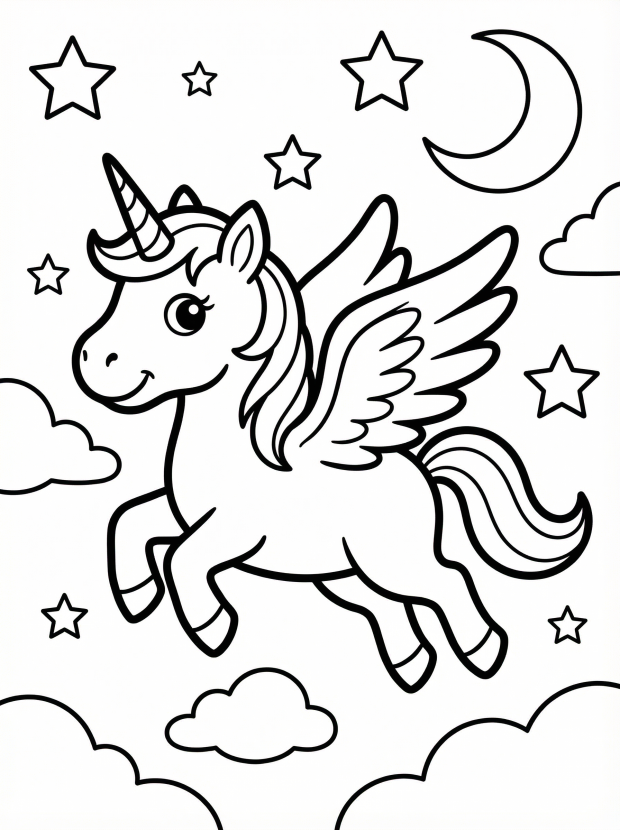 Free printable coloring page showing a Pegasus unicorn flying among stars and clouds, perfect for kids to practice creativity and fine motor skills