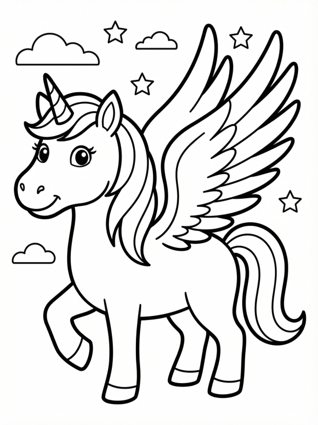 Free printable coloring page showing a unicorn with angel wings flying among stars and clouds, perfect for kids to practice fine motor skills and creativity