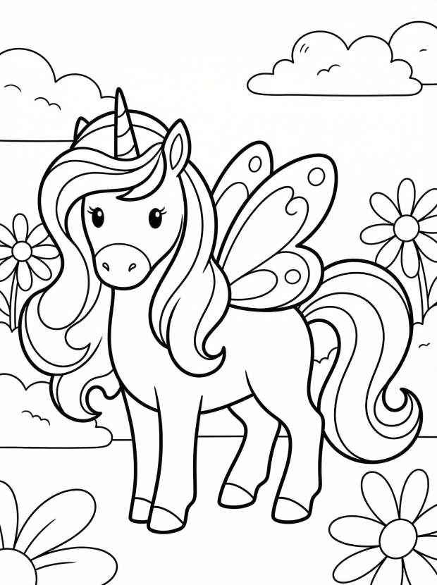 Free printable coloring page showing a unicorn with butterfly wings, perfect for kids to practice coloring and boost creativity