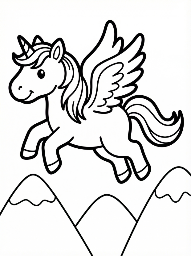 Free printable coloring page showing a winged unicorn flying above mountains, perfect for kids to practice coloring and imagination