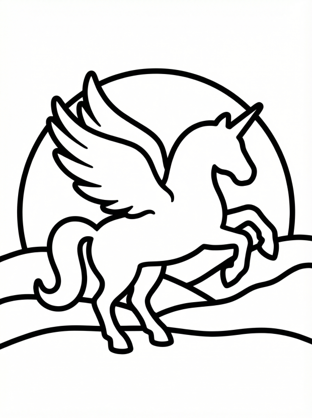 Free printable coloring page showing a winged unicorn at sunset, perfect for kids to practice creativity and hand eye coordination.
