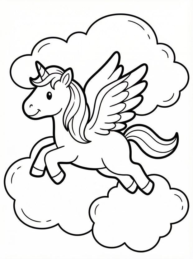 Free printable coloring page showing a winged unicorn flying among clouds, perfect for kids to practice creativity and fine motor skills
