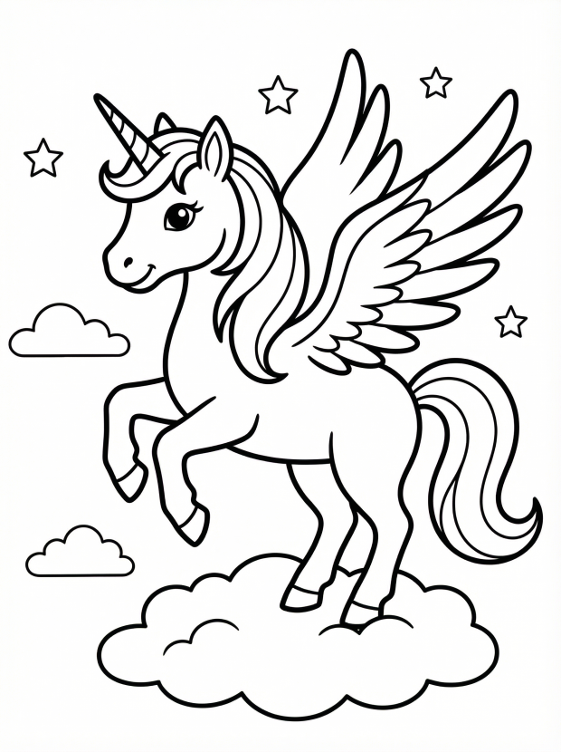 Free printable coloring page showing a winged unicorn landing on a cloud, perfect for kids to practice color recognition and fine motor skills