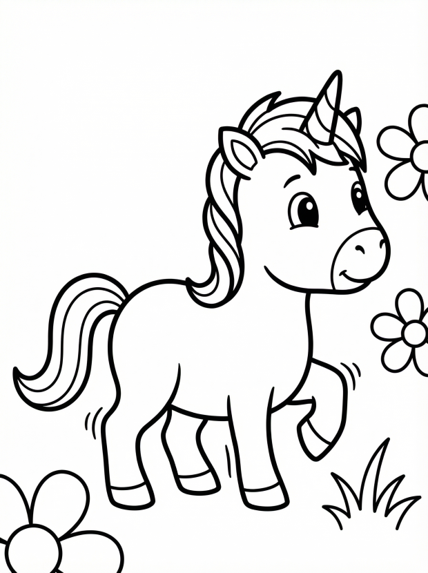 Free printable coloring page showing a baby unicorn taking first steps, perfect for kids to practice creativity and fine motor skills