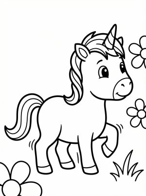 Free printable coloring page showing a baby unicorn taking first steps, perfect for kids to practice creativity and fine motor skills