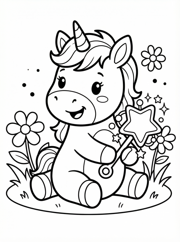 Free printable coloring page showing a tiny unicorn holding a rattle, perfect for kids to practice coloring and creativity