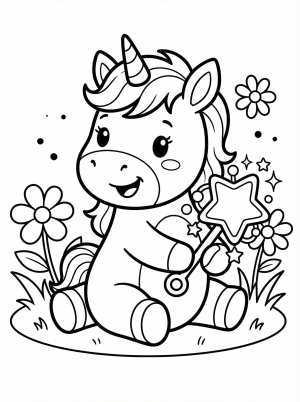 Free printable coloring page showing a tiny unicorn holding a rattle, perfect for kids to practice coloring and creativity