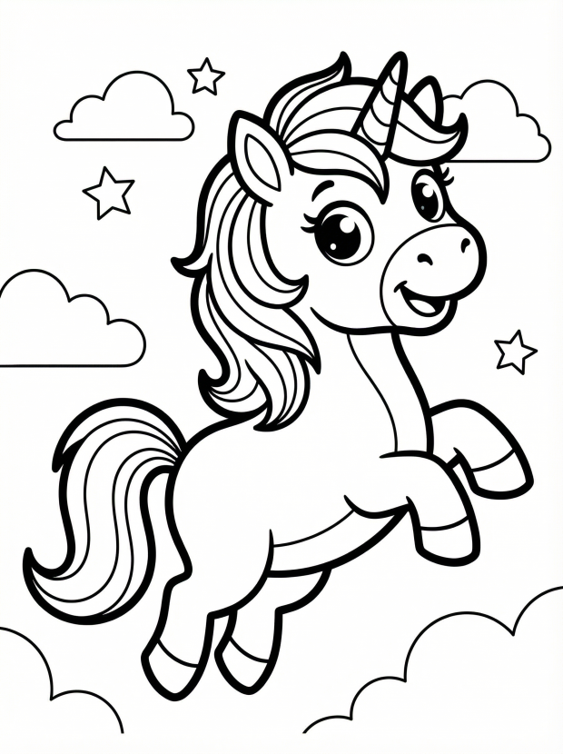 Free printable coloring page showing a bouncy cartoon unicorn leaping among clouds and stars, perfect for kids to practice creativity and fine motor skills