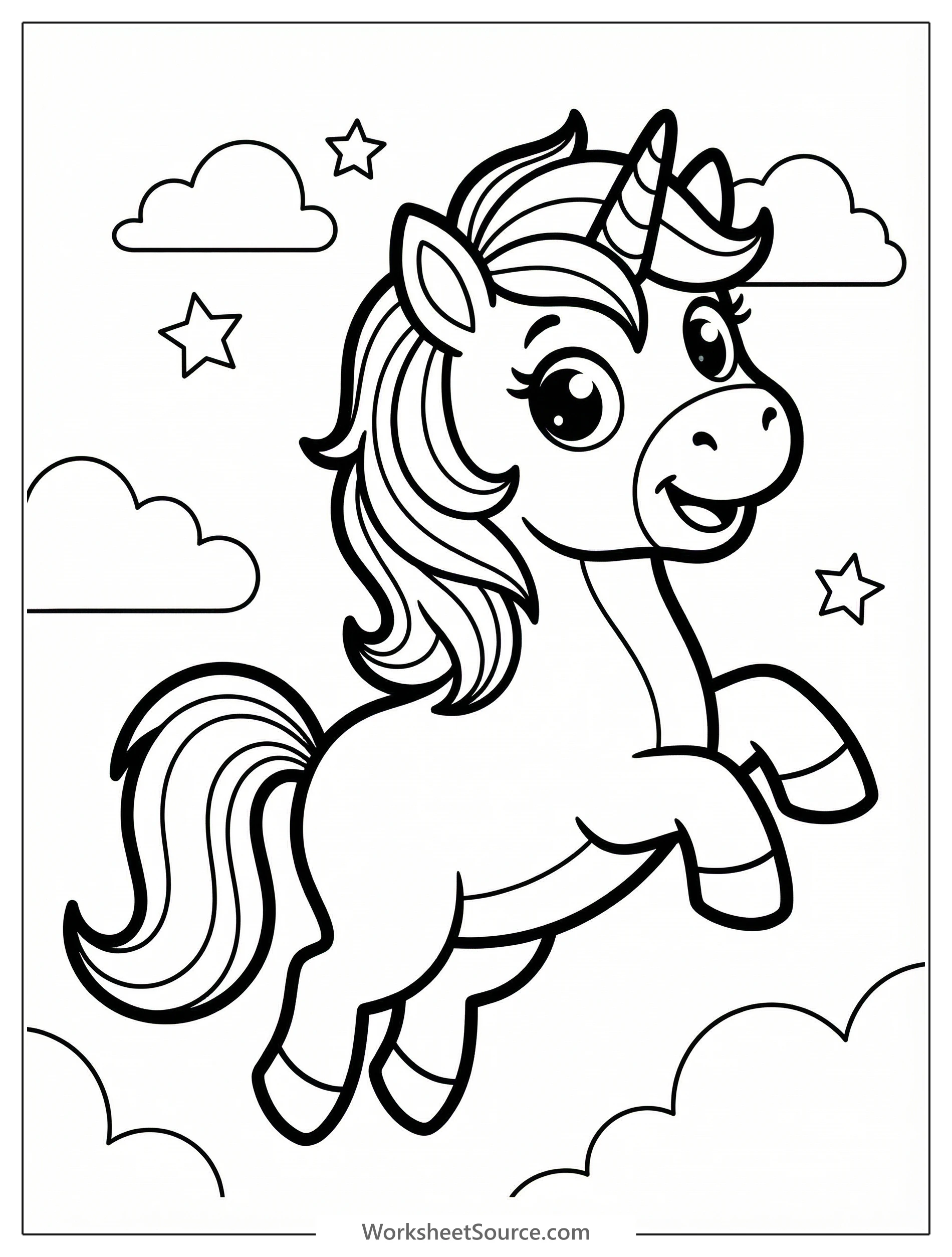 Free Bouncy Cartoon Unicorn Coloring Page Printable PDF