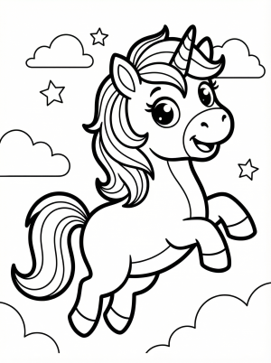 Free printable coloring page showing a bouncy cartoon unicorn leaping among clouds and stars, perfect for kids to practice creativity and fine motor skills