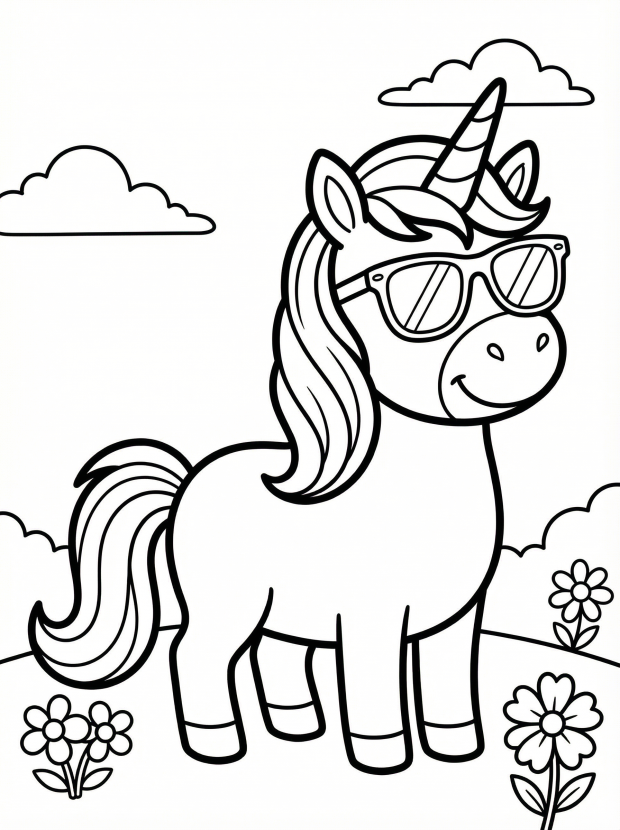 Free printable coloring page showing a cartoon unicorn with sunglasses, perfect for kids to practice coloring and spark imaginative play