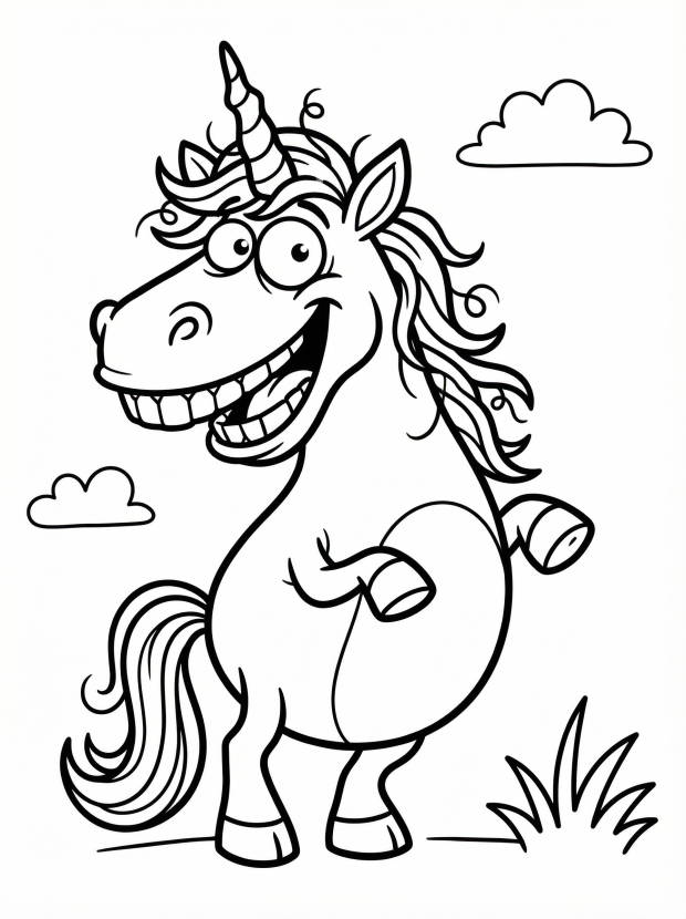 Free printable coloring page showing a goofy cartoon unicorn with big grin and flowing mane, perfect for kids to practice coloring and creativity