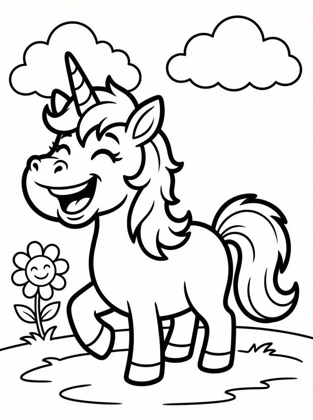 Free printable coloring page showing a laughing cartoon unicorn with clouds and a smiling flower, perfect for kids to practice creativity and fine motor skills