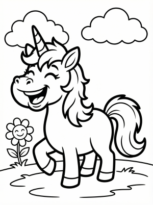 Free printable coloring page showing a laughing cartoon unicorn with clouds and a smiling flower, perfect for kids to practice creativity and fine motor skills