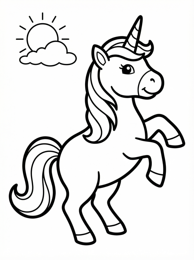 Free printable coloring page showing a playful cartoon unicorn with a flowing mane, perfect for kids to practice creativity and fine motor skills